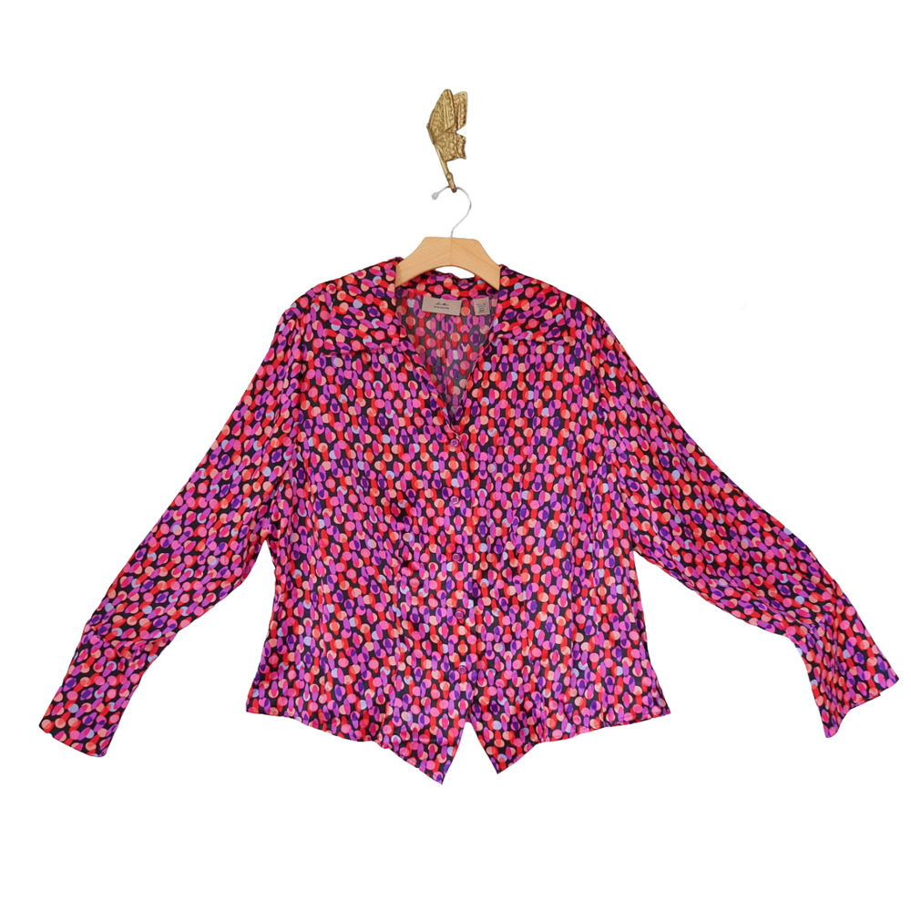 I.E. Woman Polka Dot Geo Silk Button Shirt 16W Mob Wife Career Work Suit Blouse